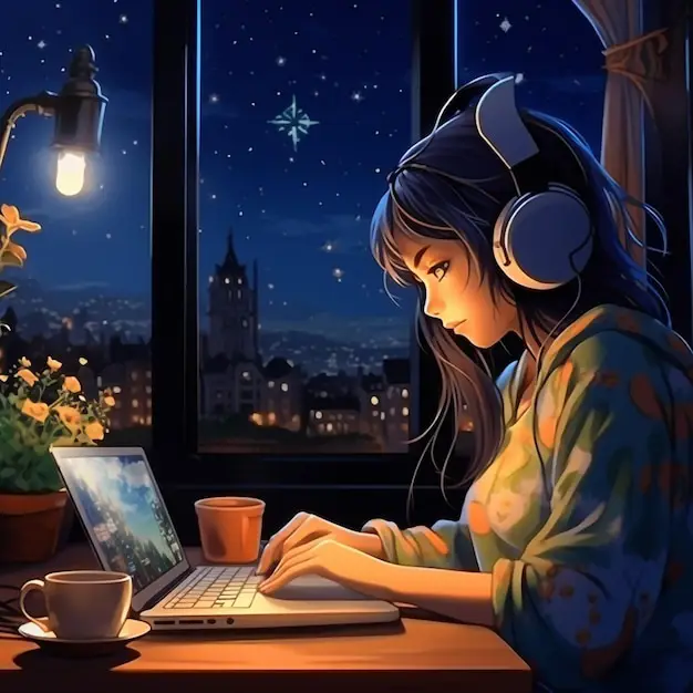 Menonton Anime dengan Nyaman Gambar seseorang yang menikmati menonton anime di laptop