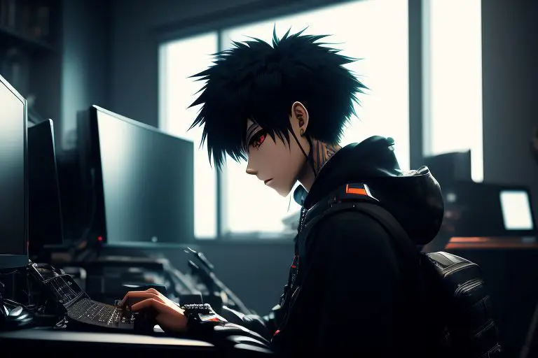 Menikmati Anime Kualitas HD Gambar karakter anime menonton anime di laptop
