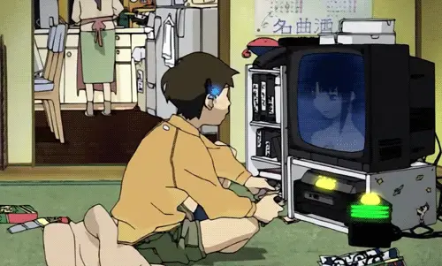 Menikmati Anime di Rumah Gambar karakter anime menonton televisi