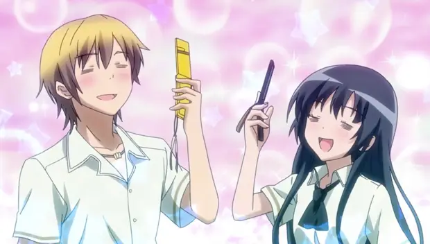 Menikmati Anime di Ponsel Gambar karakter anime menonton anime di ponsel