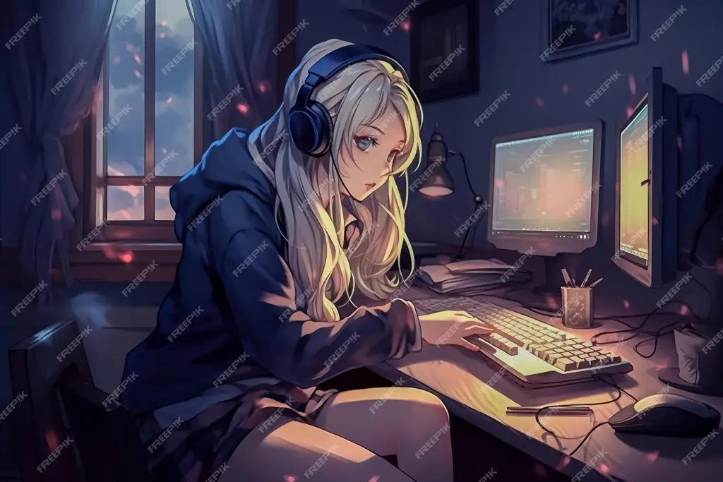 Menikmati alunan musik anime Ilustrasi gadis anime sedang memakai headphone
