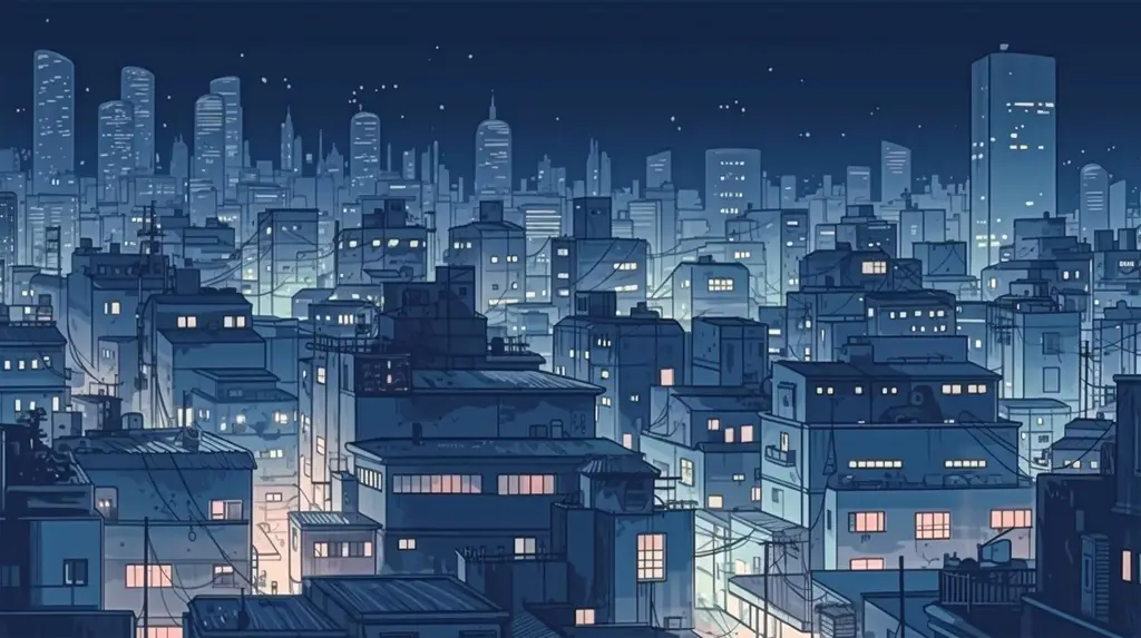 Suasana malam yang indah dalam dunia anime Ilustrasi pemandangan kota anime di malam hari