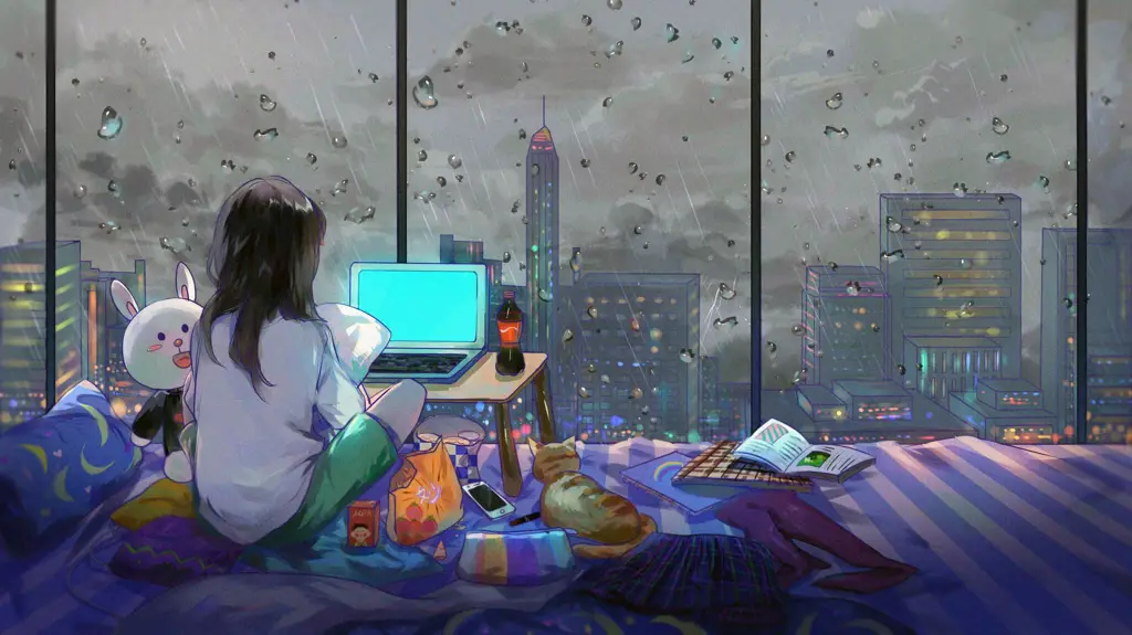 Menonton Anime Gambar seseorang menonton anime di laptop