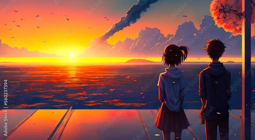Menikmati Anime Semi dengan Suasana Romantis Pasangan anime menonton matahari terbenam
