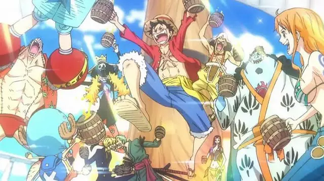 Merayakan Kemenangan: Temukan Situs Streaming Terbaik Gambar Luffy dan kru Topi Jerami merayakan kemenangan