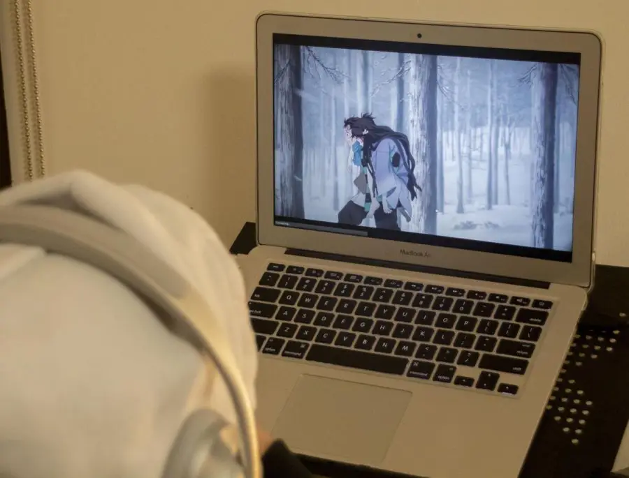 Menikmati Anime di Laptop Seseorang menonton anime di laptop