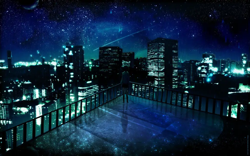 Keindahan visual anime juga bisa menambah pengalaman baper Pemandangan malam yang indah di anime
